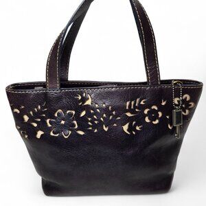Vintage Fossil Leather Small Satchel Handbag Women's Floral Laser Cut Plum Tone